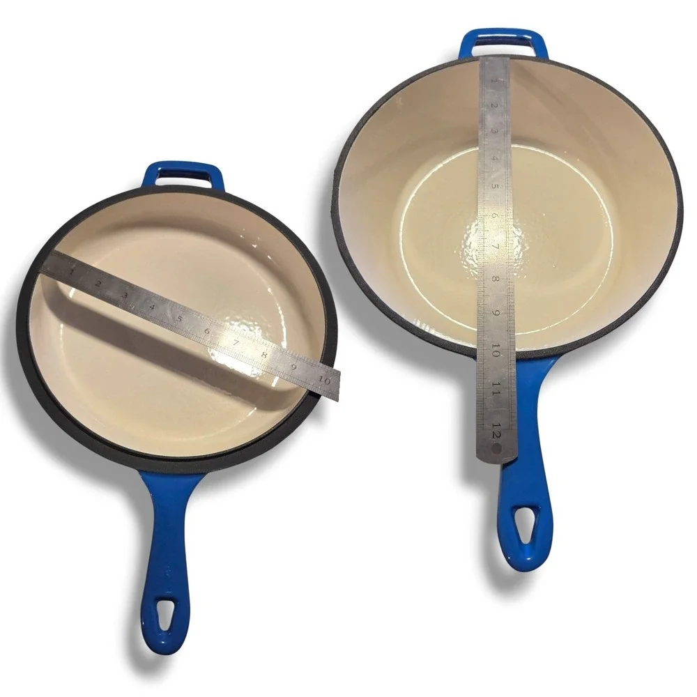 Blue Enameled Cast Iron Skillet Set 2 Piece Deep Pan and Shallow Lid Skillet